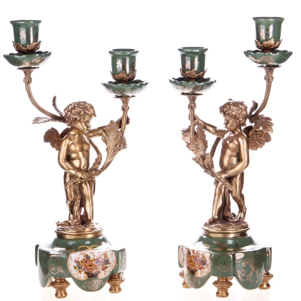 Porzellan mit Bronze Kerzenständer mit Engel Set/2 HM6319