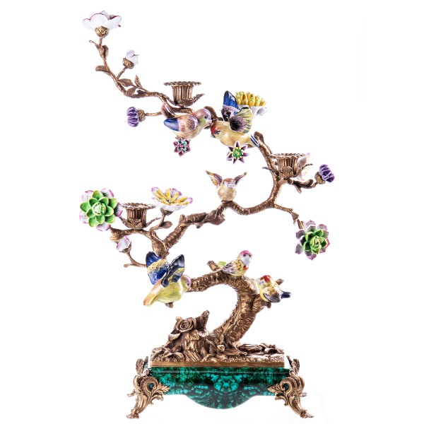 Porzellan mit Bronze Kerzenständer Baum mit Vögeln und Blüten HM5331